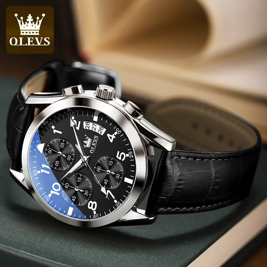 OLEVS Chronograph, Quarz, Leder, Schwarz, Herren - Bild 3