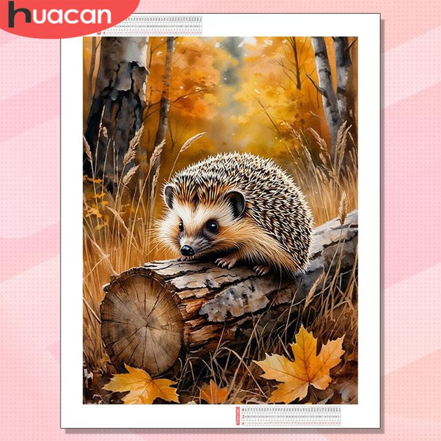 HUACAN 5D DIY Diamant-Mosaik Igel mit Herbstblättern als Kreuzstich-Malerei in Multicolour, Breite: 30,0 cm, Höhe: 20,0 cm - Bild 1