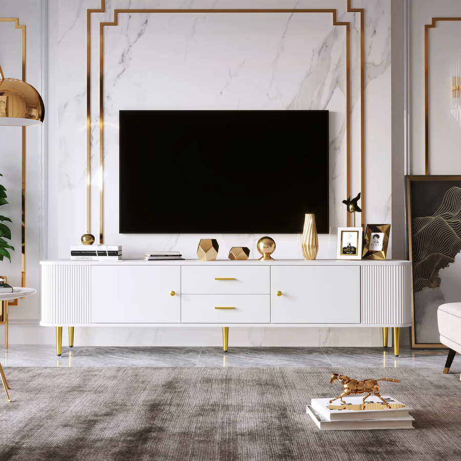 Anajqaqia Moderner TV-Schrank mit Schubladen und gebogenen Ecken in Weiß, B/T/H: 170 x 34 x 45 cm - Bild 3