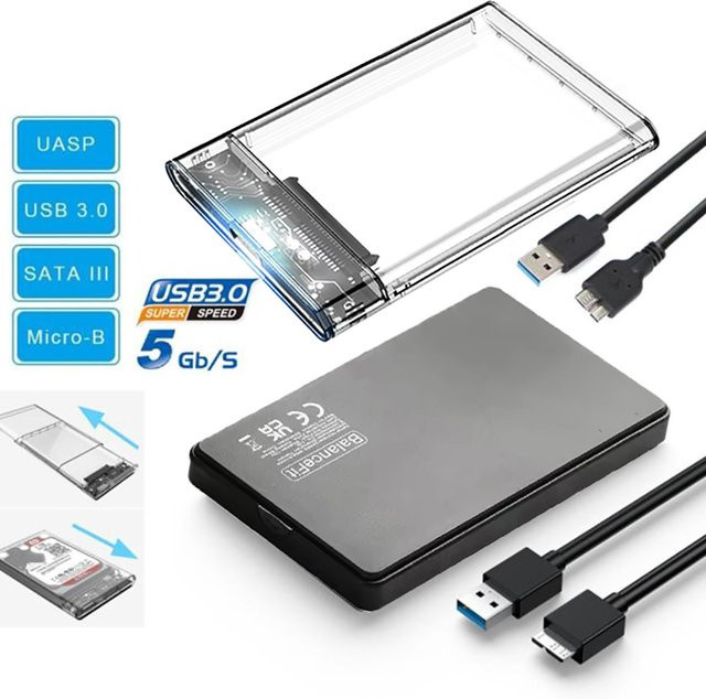 Congdi Transparentes 2,5 Zoll HDD-Gehäuse mit USB 3.0 Typ-C-Adapter, 5 Gbit/s, werkzeuglose externe SSD SATA Festplattenbox - Bild 1