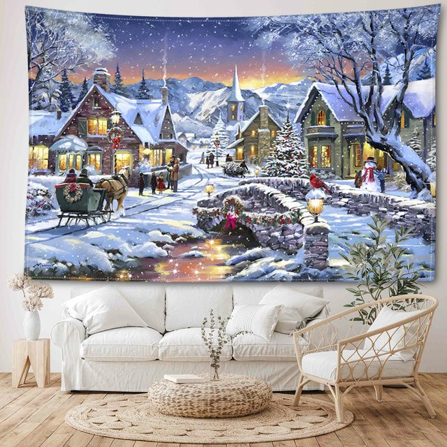 Wandteppich mit Weihnachts- und Schnee-Landschaftsmotiv im Boho-Stil, Mehrfarbig, B/H: 95 x 70 cm - Bild 1