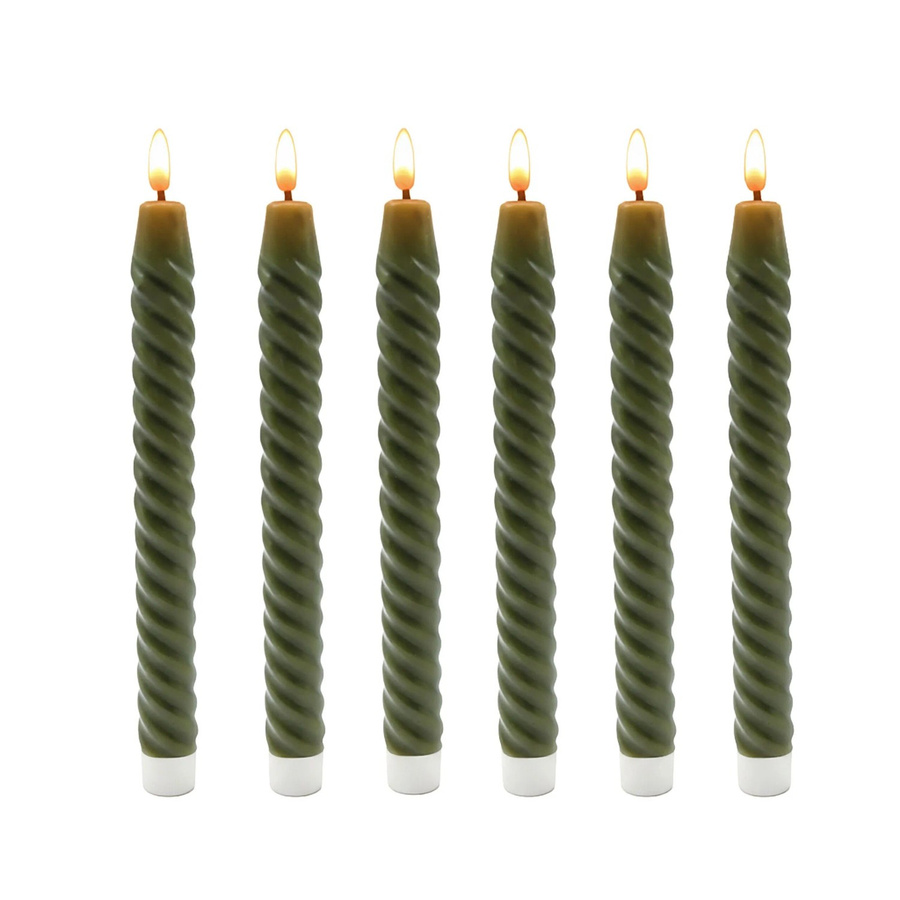 Relaxdays LED Stabkerzen 6er Set aus Echtwachs in Khaki mit flackerndem Effekt und gedrehtem Design, Höhe: 25 cm, Durchmesser: 2,2 cm - Bild 2