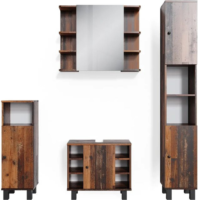 Vicco Badmöbelset Fynn in Eiche Rustikal, 4-teiliges Set bestehend aus Waschtischunterschrank, Spiegelschrank, Hochschrank und Midischrank, Farbe: Braun - Bild 2