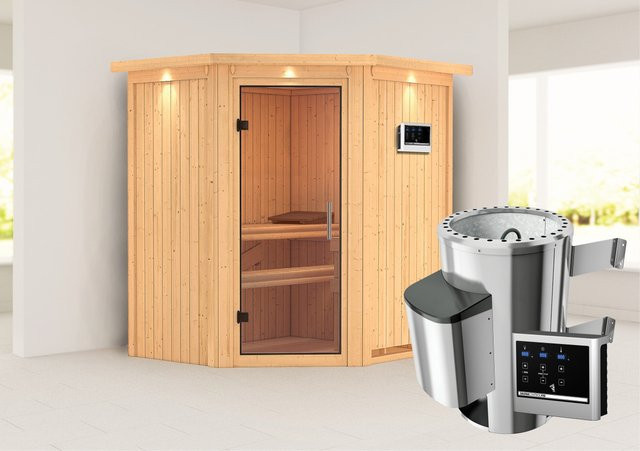Karibu Sauna Thora mit Ofen, externe Steuerung, LED-Dachkranz, Farbe Natur - Bild 1