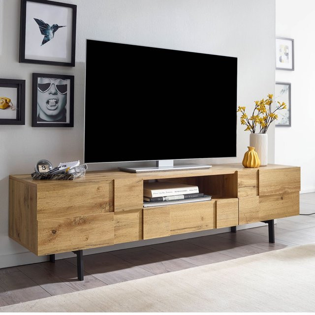 Finebuy TV-Board Lowboard in Braun mit Kachelmuster, Design-Kommode aus MDF mit 2 Türen und Schublade, Breite: 160 cm - Bild 1