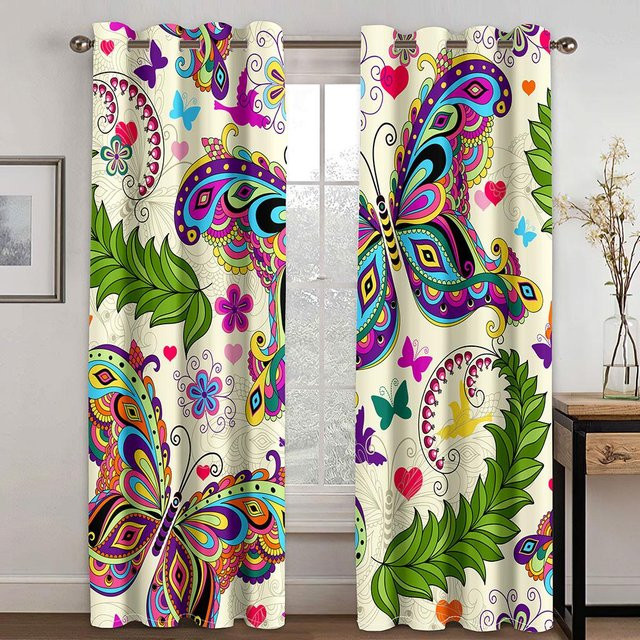2er-Set bunte 3D-Vorhänge mit Schädel und Schmetterlings-Motiv, halbtransparent, Polyester, B/H: 50 x 130 cm - Bild 1