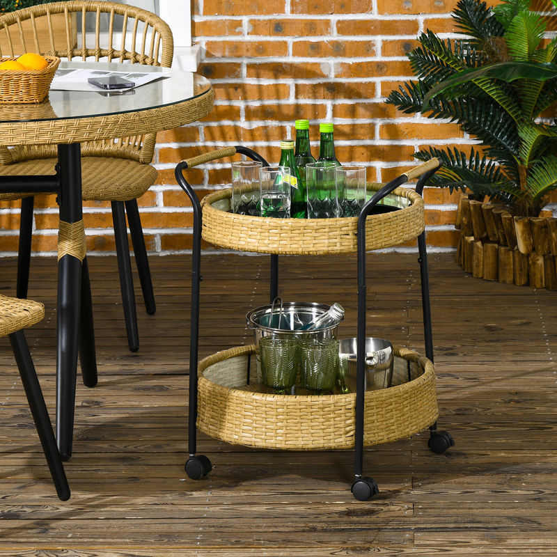 Outsunny Servierwagen in Rattan-Optik mit 2 Regalen und Rollen, runder Outdoor Barwagen für Garten und Küche, Farbe: Natur/Braun, Durchmesser: 50 cm, Höhe: 66 cm - Bild 2