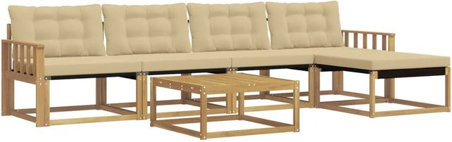 vidaXL Outdoor-Sofagarnitur L-Form aus Akazienholz mit 6 Teilen in Weiß und Beige, inklusive Polster und Couchtisch, B/T/H: 79 x 79 x 37 cm - Bild 1