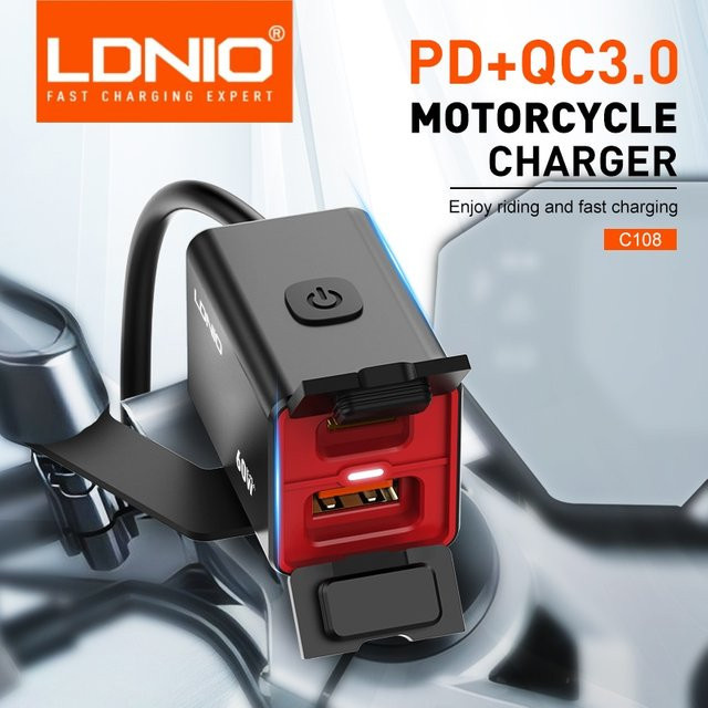 LDNIO Motorrad USB-C Schnellladegerät mit PD und QC 3.0 60W wasserdichte Buchse für 12V/24V Fahrzeuge in Schwarz - Bild 1