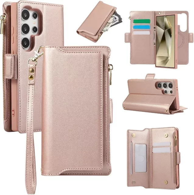 2 in 1 Handyhülle mit abnehmbarer Brieftasche und Crossbody-Armband für Samsung Galaxy S24 Ultra S23 FE S22 Plus A55 A15 in Gold oder Pink - Bild 1