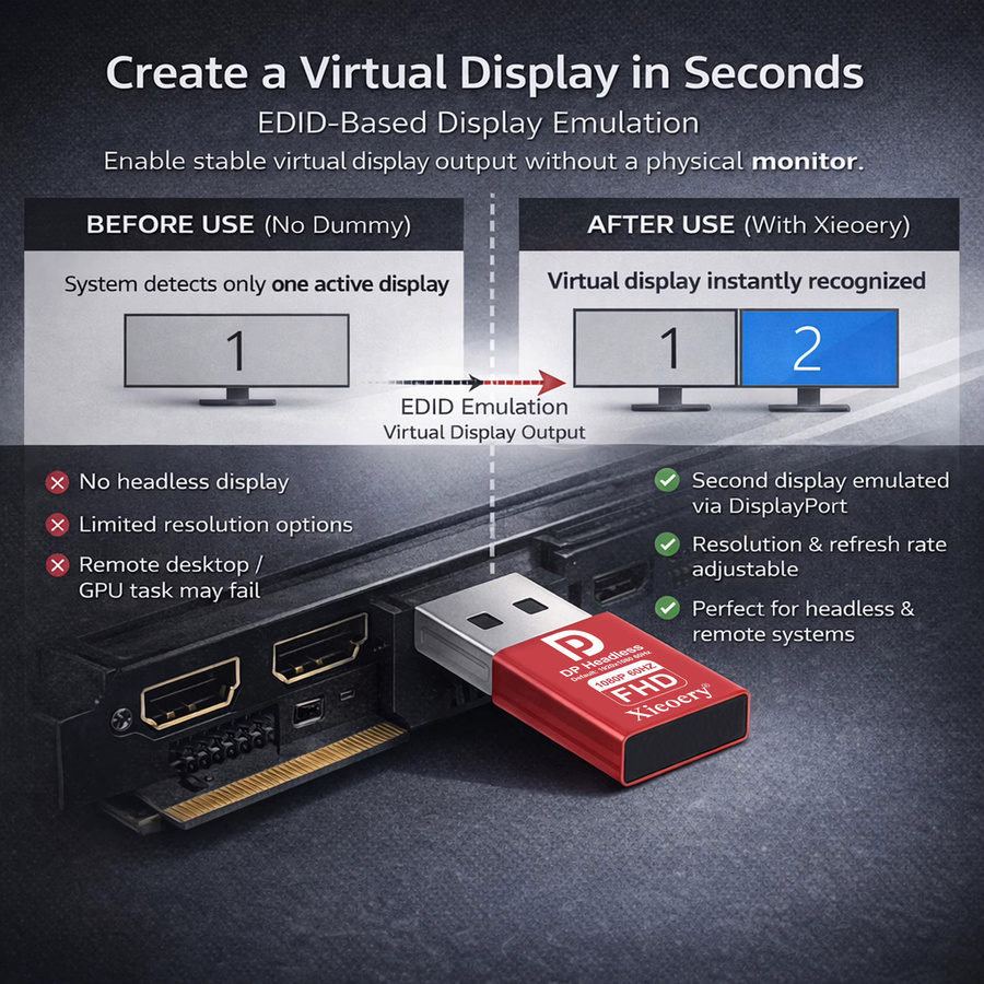 xieoery DisplayPort Dummy-Stecker EDID-Emulator DP Headless Ghost Adapter für virtuellen Monitor mit Unterstützung für 1080p60Hz, 1440p30Hz und 4K17Hz - Bild 2