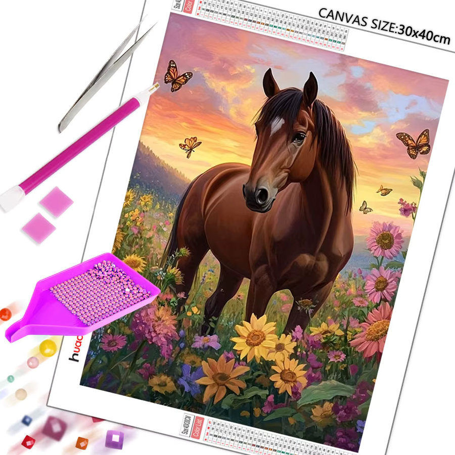 Huacan DIY Diamant-Mosaik Set mit Pferd und Blumen, quadratische Stickerei als Wanddekoration, Mehrfarbig, Breite: 30,0 cm, Höhe: 20,0 cm, Tiefe: 20,0 cm - Bild 3