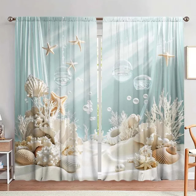 VOZMIO 2er Set Unterwasserwelt Vorhang mit Korallen, Muscheln und Seesternen, transparente Voile Gardinen in ästhetischem Design - Bild 1