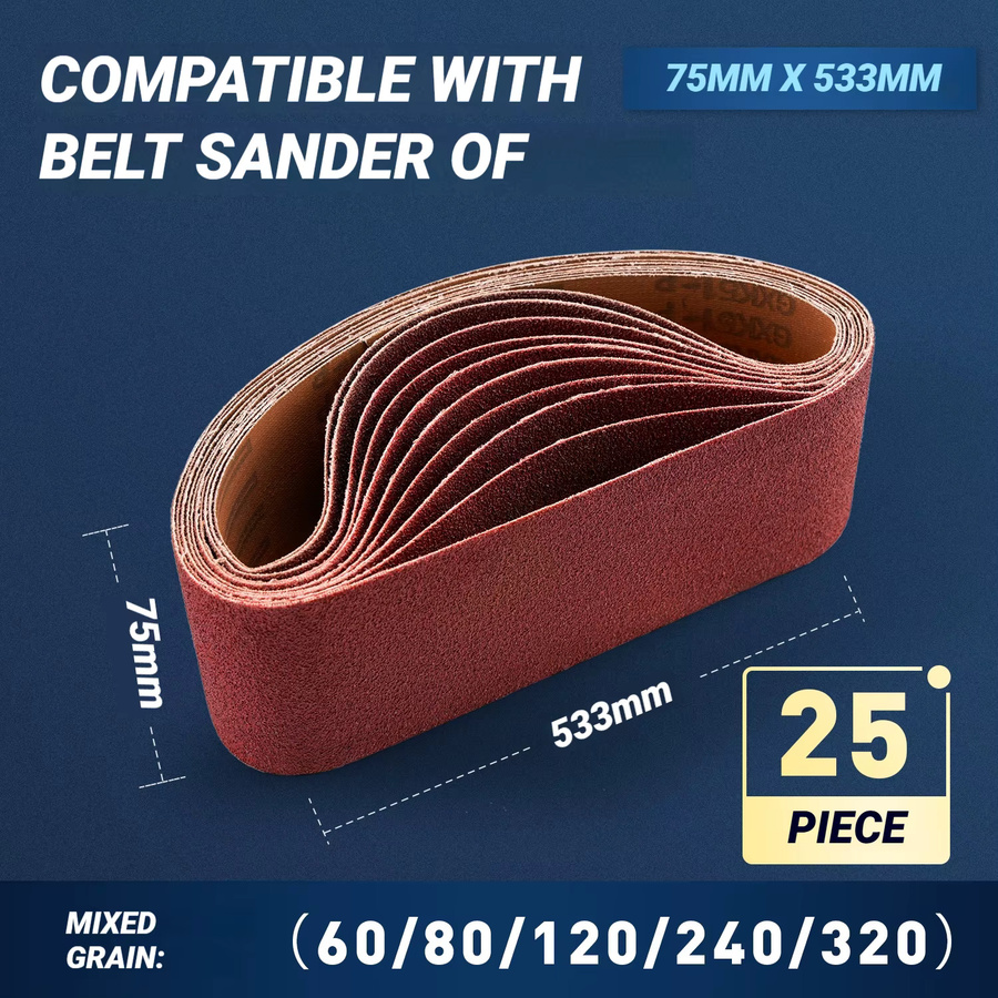 SI FANG Schleifband-Set für 3x21'' Schleifmaschinen zur Holz- und Metallbearbeitung, B: 75 mm, L: 533 mm - Bild 2