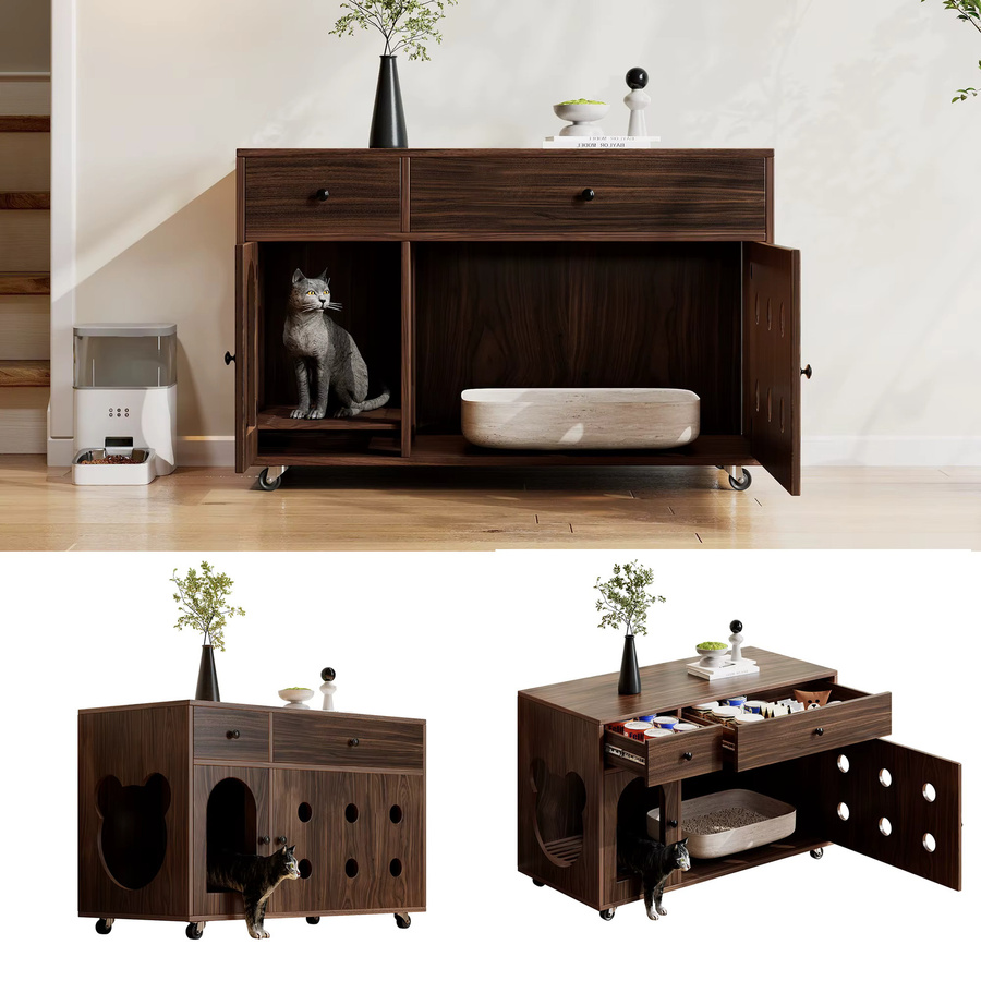 Svintora Katzenklo-Schrank aus MDF-Holz in Braun, Geruchsisoliertes Katzenhaus-Sideboard mit Aufbewahrungsschubladen und abnehmbarer Sandfangplatte, B/T/H: 100 x 45 x 66 cm - Bild 4