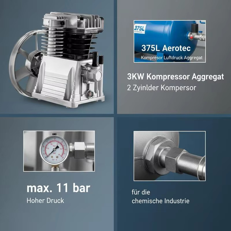 Aerotec 2-Zylinder-Kompressoreinheit 3kW mit 375L Lufttank in Rot/Silber, max. 11 bar - Bild 5