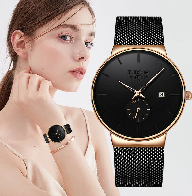 LIGE Armbanduhr Quarz, Milanaise, Schwarz, Roségold, Damen - Bild 1