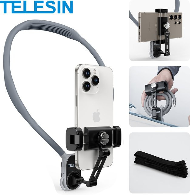 TELESIN Handyclip für Halsmontage mit 360 Grad Rotation für iPhone, Samsung, Huawei und Xiaomi in Grau - Bild 1