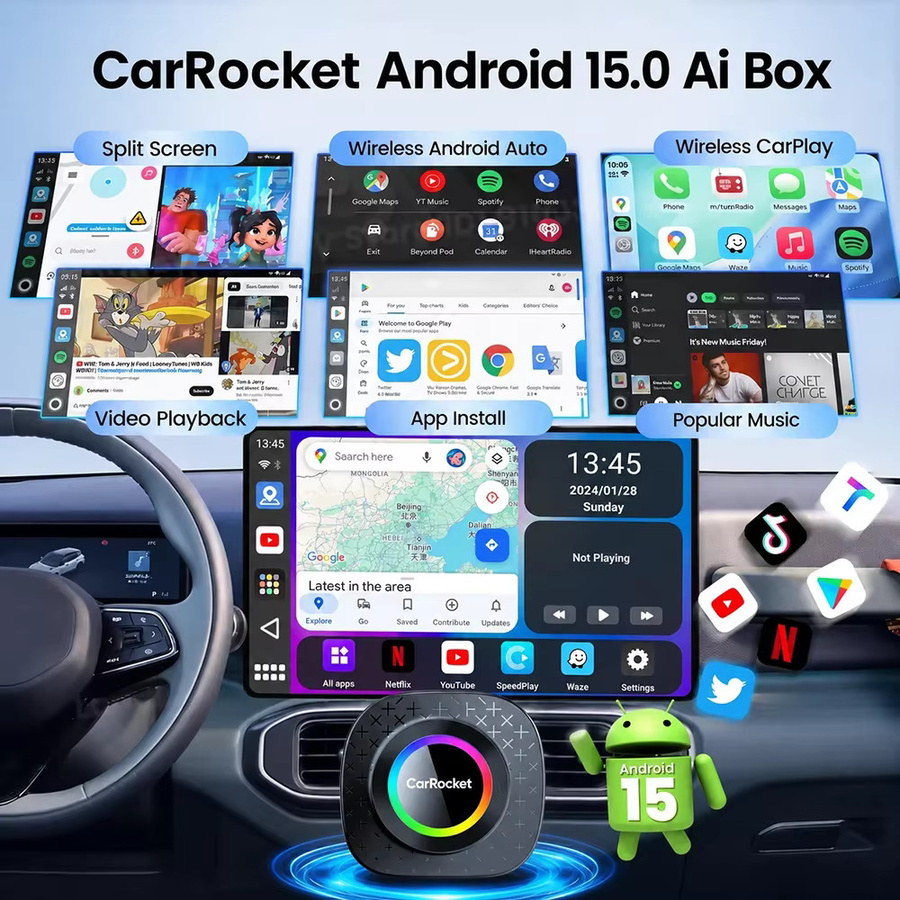 CarRocket CarPlay Ai Box Android 15 mit integriertem GPS und 4G-Netzwerk für Autos mit kabelgebundenem CarPlay, Schwarz - Bild 6