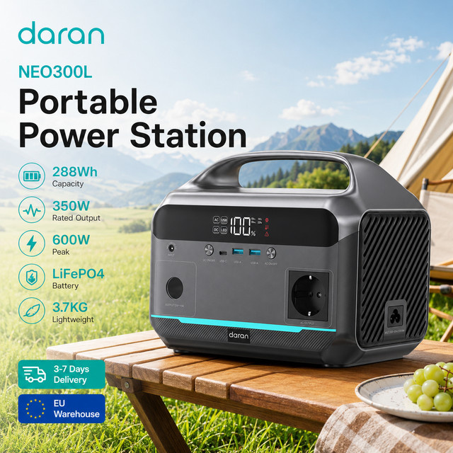 Tragbare Powerstation Daran NEO300L in Schwarz mit 288Wh Kapazität, 350W Leistung und 600W Spitzenleistung, inklusive 230V Ausgang und PD Schnellladung via USB-C für Camping und Notfälle - Bild 1
