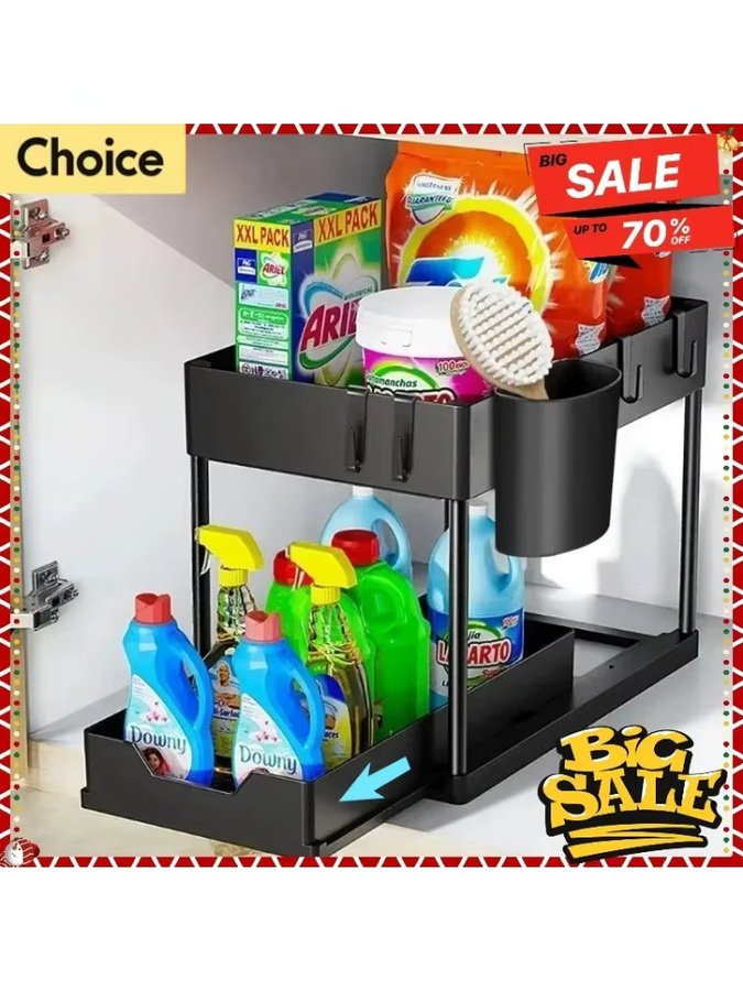 CZSAE 2-stufiger Multifunktions-Organizer für Küchenspüle und Badezimmer, schwarzer Schiebeschrankkorb aus Kunststoff mit Haken, B/T/H: 36,0 x 39,5 x 2,0 cm - Bild 7