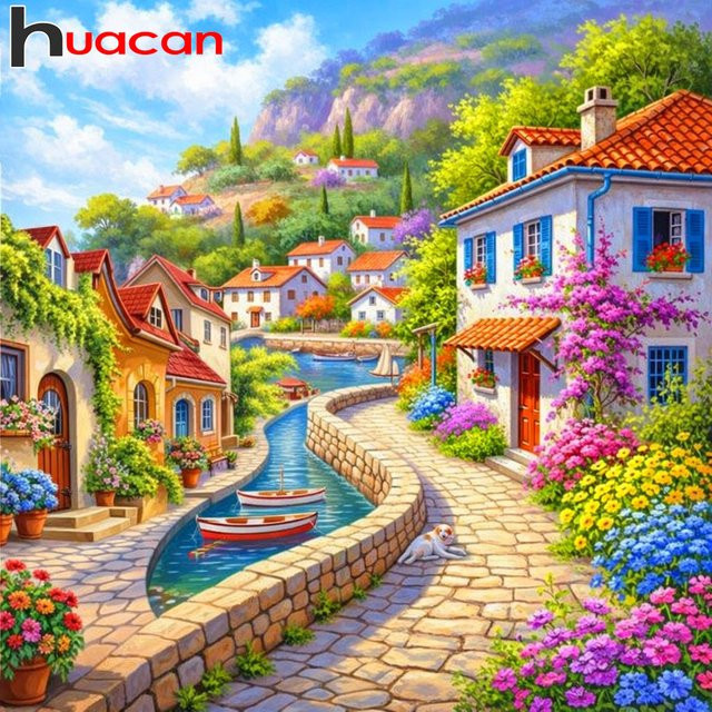 Huacan 5D DIY Diamantmalerei Frühlingsstadt Berglandschaft als dekoratives Wandbild in Multicolour mit runden Diamanten, Breite: 20 cm, Tiefe: 20 cm, Höhe: 20 cm - Bild 1
