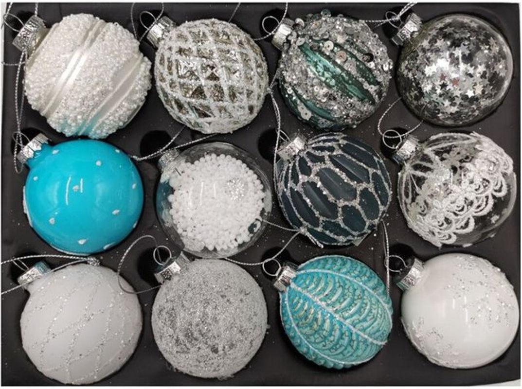 Buri Weihnachtsbaumkugeln aus Glas in mehrfarbigem Design, 12 Stück Hängeornamente für Weihnachten - Bild 1