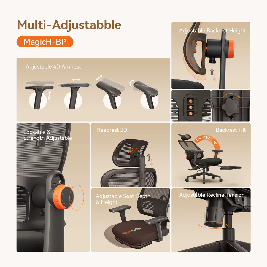 Ergonomischer Bürostuhl NEWTRAL MagicH-BP in Schwarz mit Fußstütze, adaptiver Lendenwirbelstütze und verstellbarer Kopfstütze - Bild 5