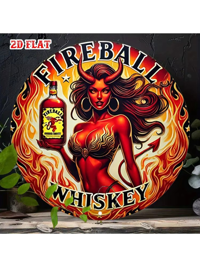 CIFBUY Vintage Pin-Up Art Metallschild mit rothaariger Teufelsfrau und Whisky-Flasche, rund, Mehrfarbig, Durchmesser: 20 cm - Bild 6