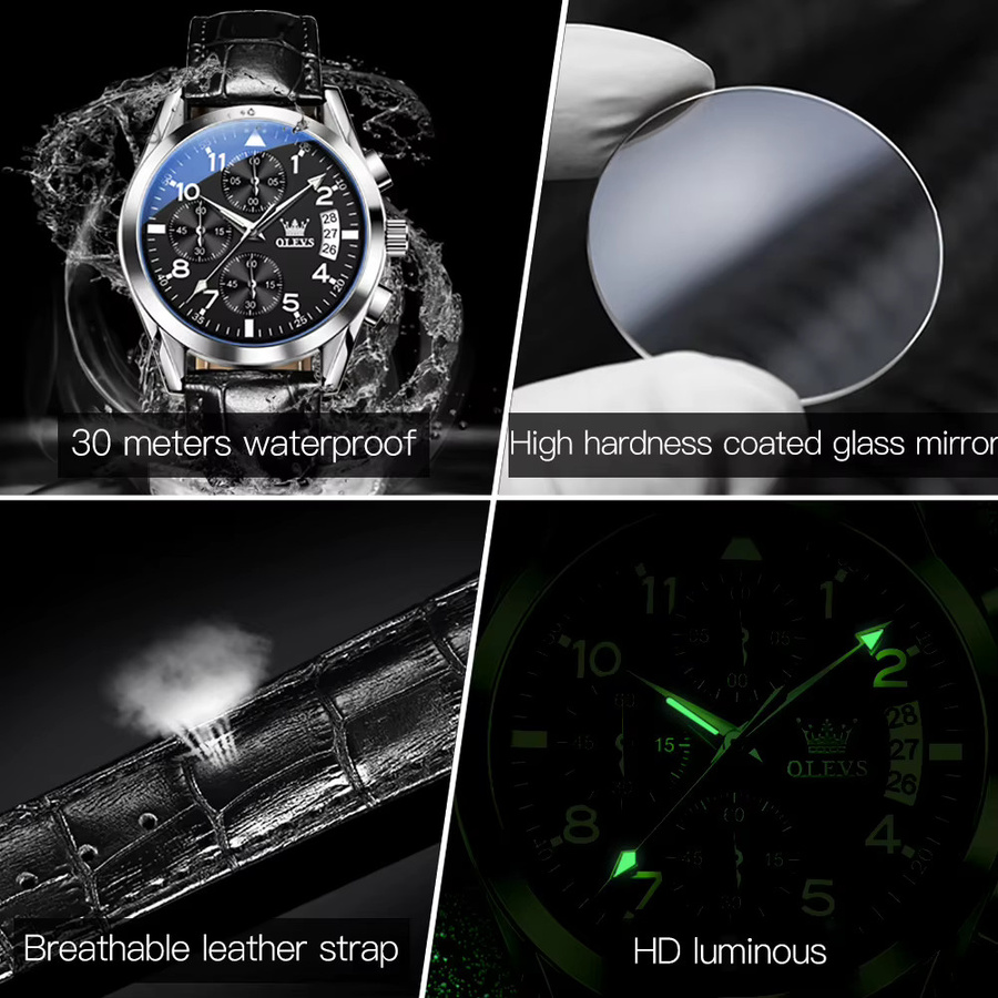 OLEVS Chronograph, Quarz, Leder, Schwarz, Herren - Bild 5
