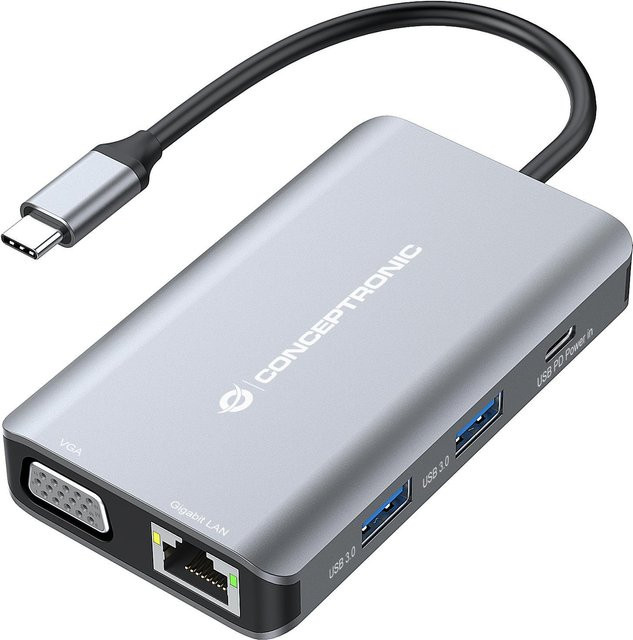 Conceptronic DONN21G USB-C Dockingstation und Portreplikator 7-in-1 mit HDMI, Ethernet/LAN und 4K UHD in Grau/Silber - Bild 1
