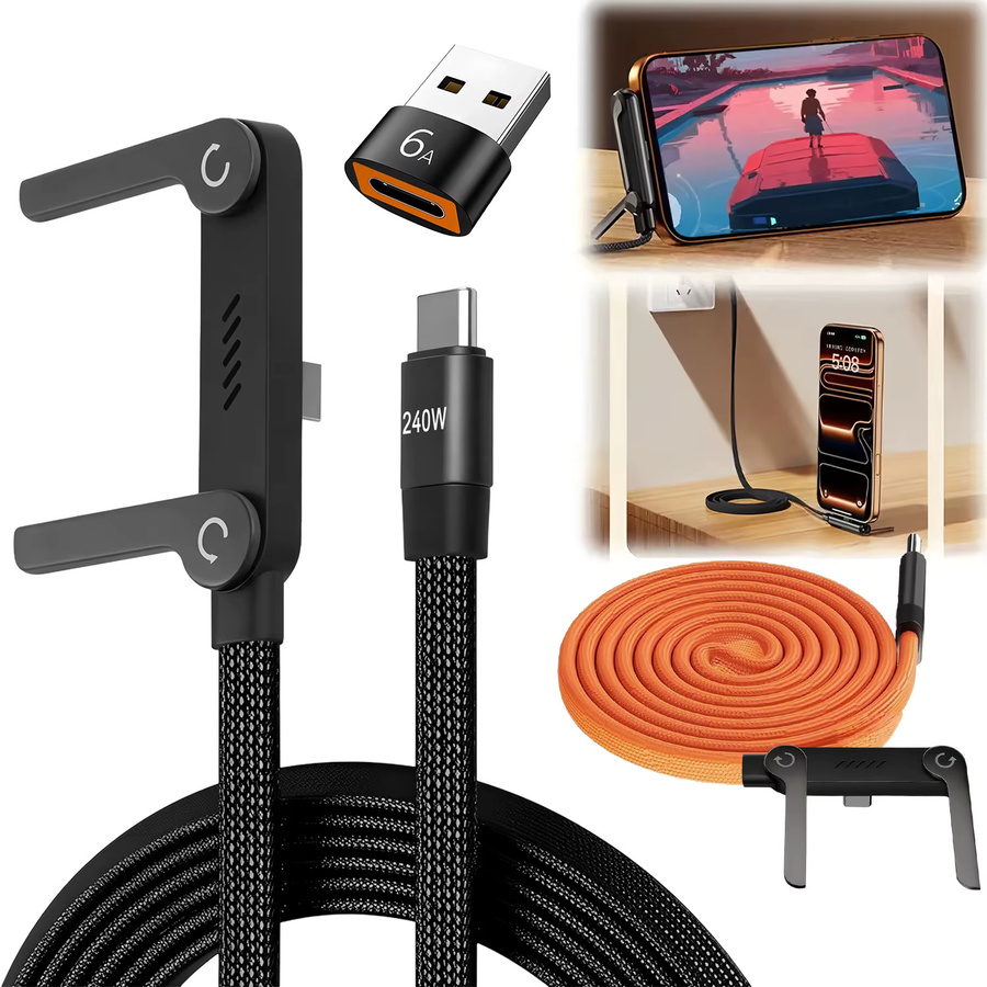 BESY 2-in-1 USB-C zu USB-C Schnellladekabel mit 240W und faltbarem Telefonständer, Schwarz - Bild 1
