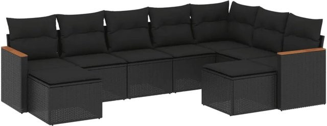 vidaXL 9-tlg. Garten-Sofagarnitur in L-Form aus Poly-Rattan und Akazienholz mit Kissen in Schwarz - Bild 1