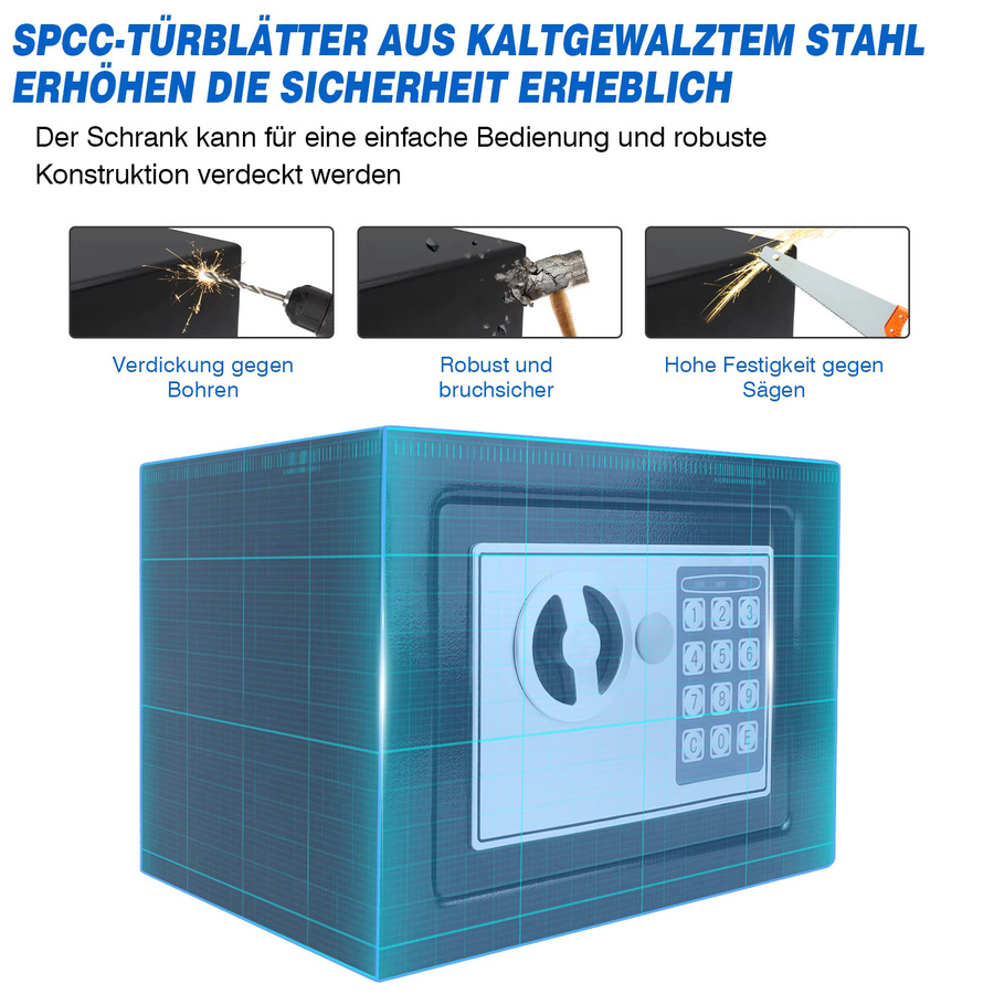 BRIEFNESS Feuerfester und einbruchsicherer Tresor aus verstärktem Stahl mit digitalem elektronischem Zahlenfeld und Sicherheitsschlüssel in Schwarz, 4,6 l oder 8,5 l für Heim und Büro zur Aufbewahrung von Schmuck und Bargeld - Bild 5