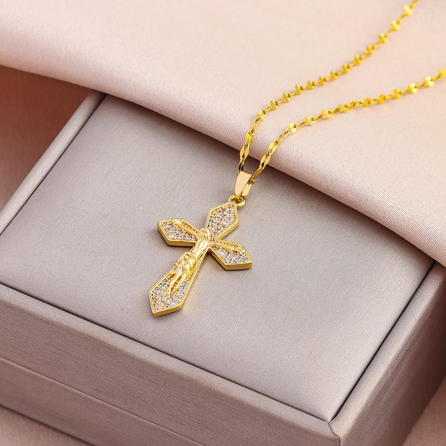 Marisa Halskette, Jesus Kreuz Anhänger, Edelstahl, Gold, Damen - Bild 1