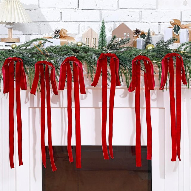 6er Set rote Samt-Schleifen für Weihnachtsdekoration, ideal für Christbaum, Kränze und Geschenkverpackungen - Bild 1
