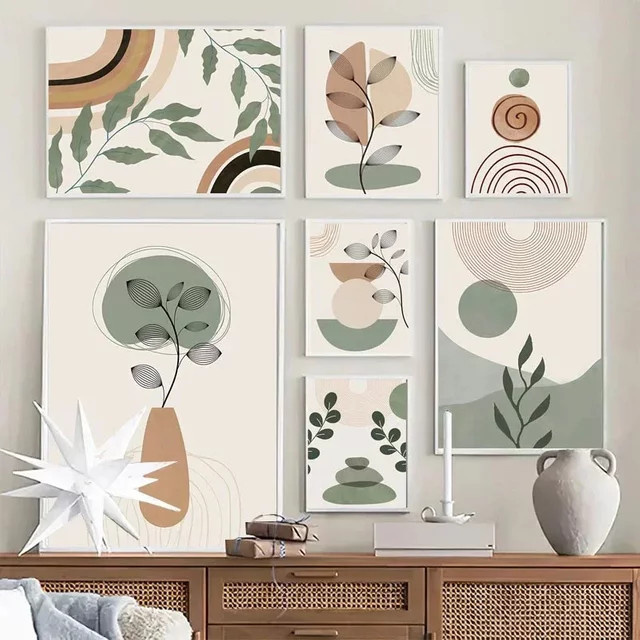 Potdemiel Boho Leinwandbild mit abstrakter Geometrie, Blättern und Sonne in Mehrfarbig - Bild 1