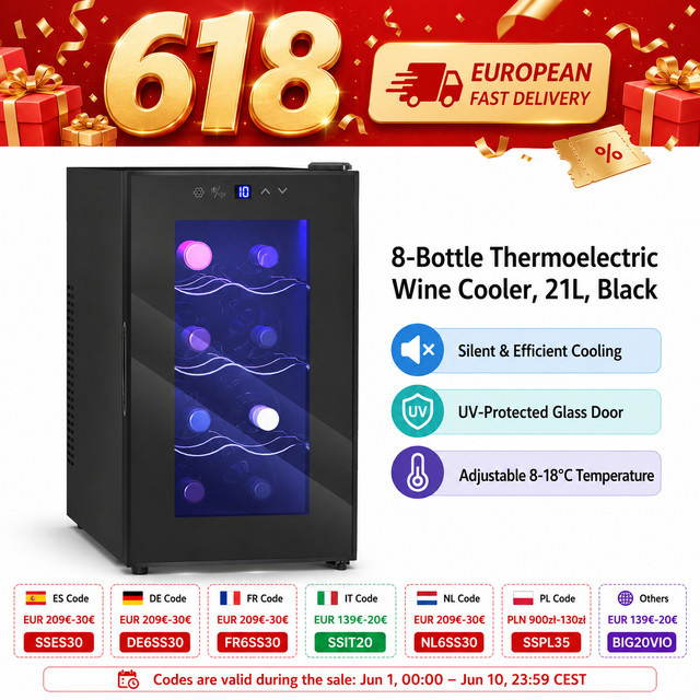 Thermoelektrischer Weinkühler für 8 Flaschen mit Glastür, schwarz, 21 l, einstellbare Temperatur 8-18°C - Bild 1