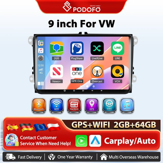 Podofo 9 Zoll Android Auto Radio mit Carplay, GPS, WiFi und Bluetooth in Schwarz für VW Passat Golf Touran Käfer - Bild 1