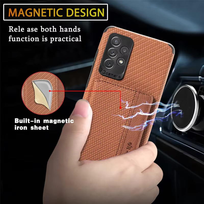 Magnetische Leder-Brieftasche mit RFID-Schutz und Kohlefaser-Design als Kartenhalter Hülle für Samsung Galaxy S25 S24 S23 S22 S21 Ultra Plus und S20 FE in Beige oder Braun - Bild 3