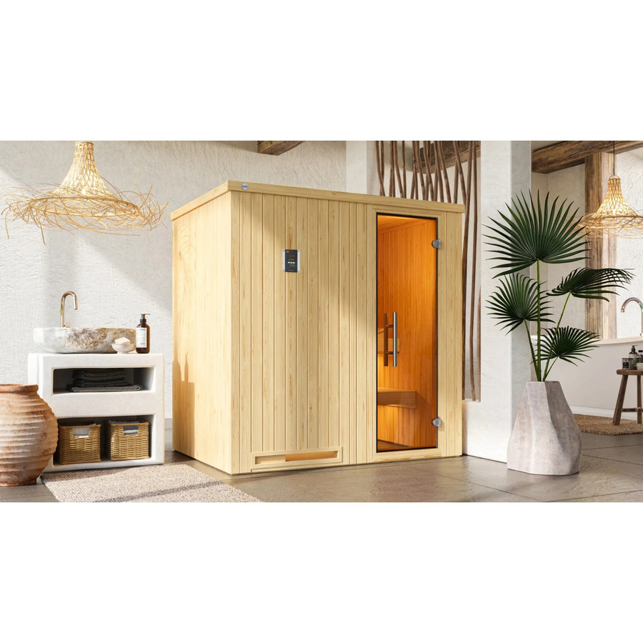 WEKA Elementsauna Halmstad 1 aus Fichtenholz in Beige ohne Ofen mit Glastür B/H/T: 194 x 199 x 144 cm - Bild 2