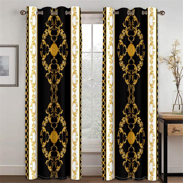 Yiran Furniture Black Baroque Brands Moderne Luxus-Design Vorhänge aus Polyester, 2 Paneele, Schwarz, semi-transparent, Breite: 140 cm, Höhe: 160 cm - Bild 1