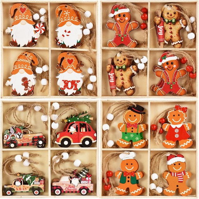 CHIXINHAPPY 12er Set Weihnachtsanhänger aus Holz in Lebkuchenmann-Optik, bunte Weihnachtsbaum-Ornamente für die Weihnachtsdekoration - Bild 1