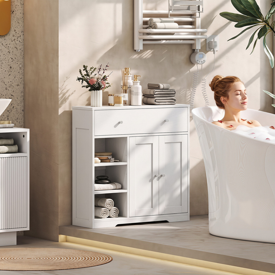 HOMCOM Schmaler Badezimmerschrank in Weiß mit Schublade, 2 Türen und 3 offenen Fächern, B/T/H: 80 x 30 x 80,2 cm - Bild 2