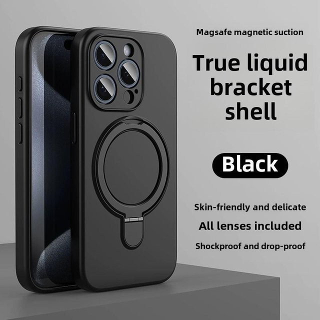 OLPAY Flüssigsilikon Handyhülle mit magnetischem Ringhalter für MagSafe kompatibel mit iPhone 16 15 14 13 12 Pro Max Plus in Schwarz - Bild 1