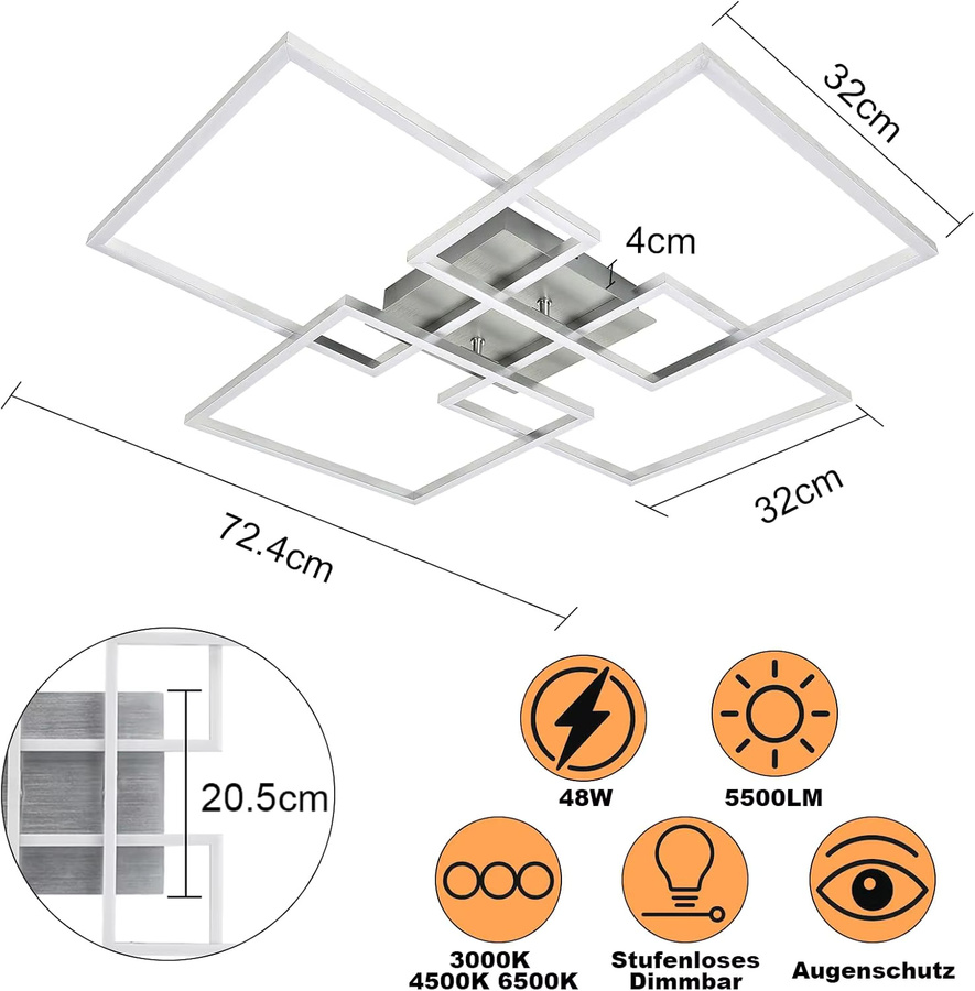 Cliheet 4-flammige LED-Deckenleuchte in Silber, 48 W, 5500 lm, dimmbar mit Fernbedienung, moderne quadratische Unterputzleuchte für Wohnzimmer und Küche - Bild 3