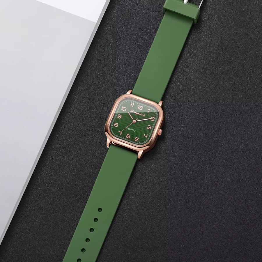 Armbanduhr Damen, Quarz, eckiges Zifferblatt, Roségold, Silikonarmband, Grün - Bild 5