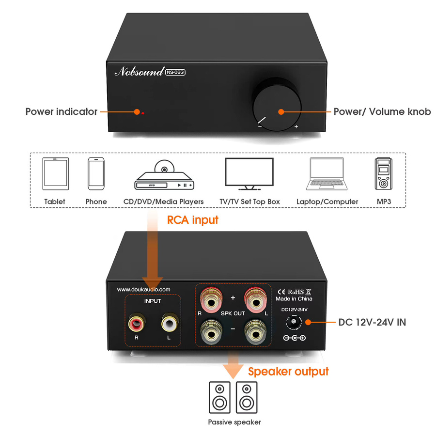 Nobsound NS-06G HiFi Digitalverstärker TPA3116 mit Netzteil, 2.0 Kanal, Schwarz - Bild 2