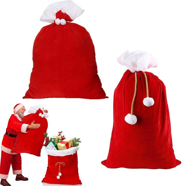 Rote Weihnachts-Geschenktüten aus Samt mit Kordelzug im Weihnachtsmann-Design - Bild 1