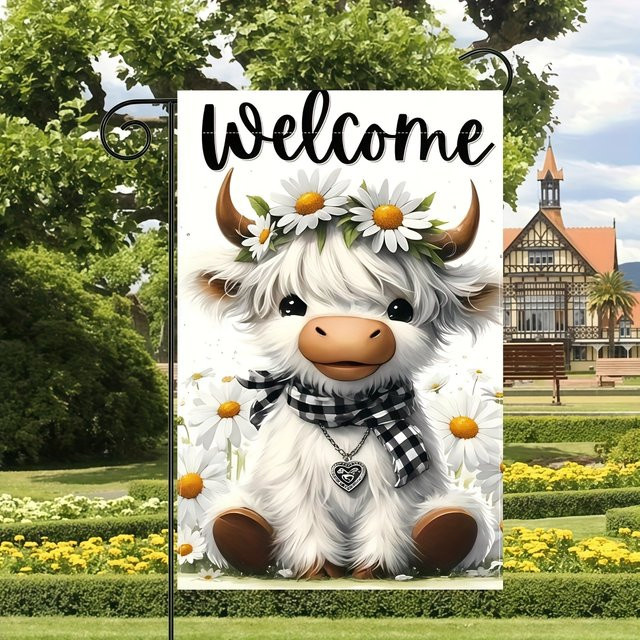 VIKAMA Willkommen-Gartenflagge mit weißer Hochlandkuh, wasserdichte Dekoflagge für Garten und Zuhause, B/H: 45 x 30 cm - Bild 1